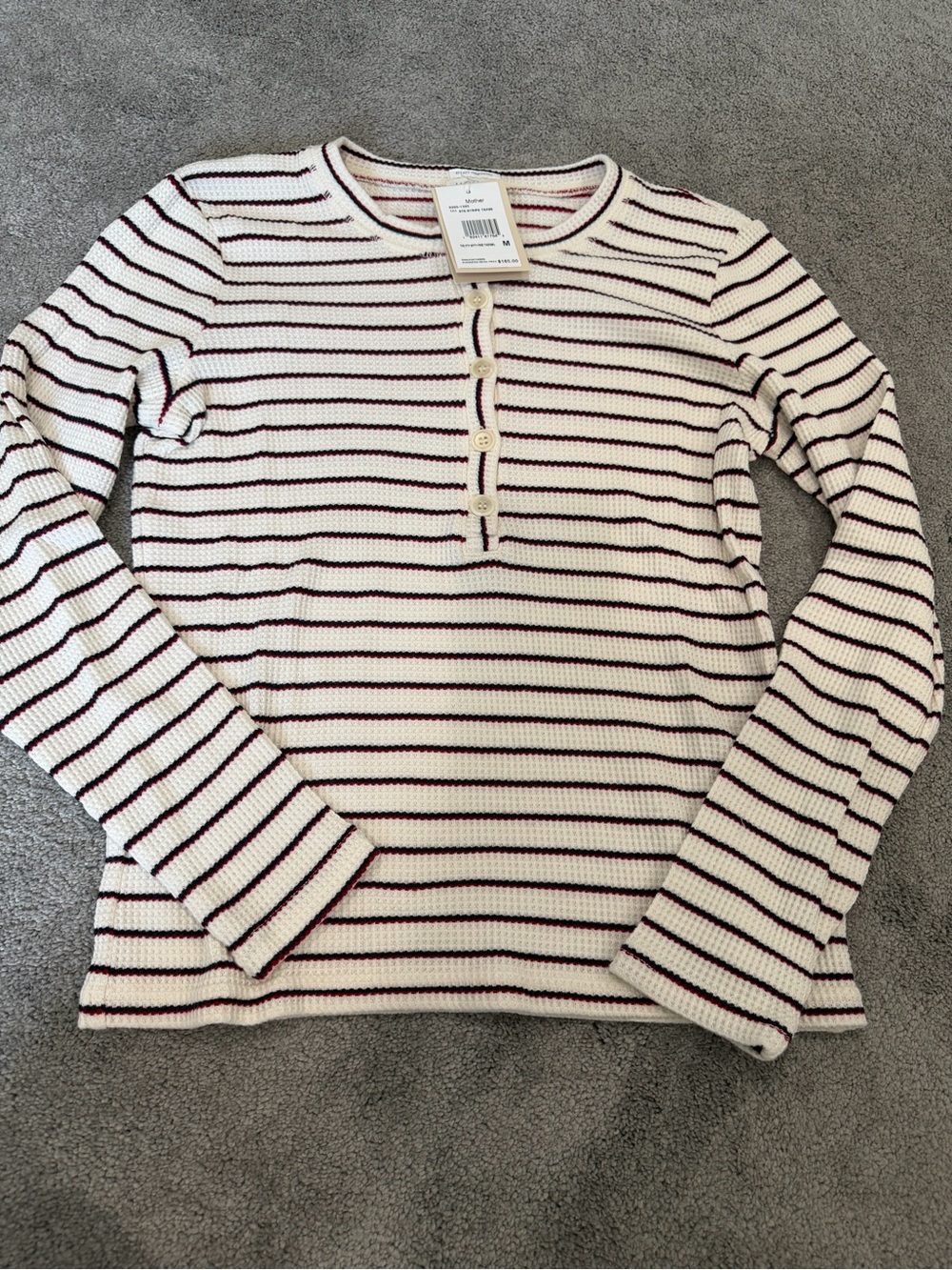 MOTHER White, Navy and Burgundy Striped Thermal Henley Long Sleeve Top